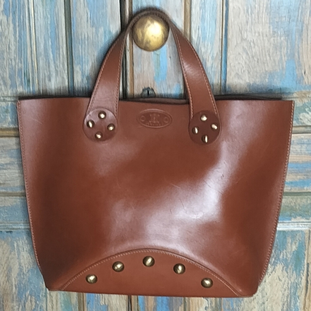 Unique CELINE Cognac Leather Handbag Brass Studs Embossed Logo Beautiful!